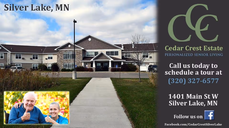 Exterior view of Cedar Crest Estate, a senior living facility in Silver Lake, MN, showing a large two-story building with a paved walkway leading to the entrance. There is an inset image of an elderly man and a young woman smiling and giving thumbs up. The right side of the image contains contact information and the Cedar Crest Estate logo.