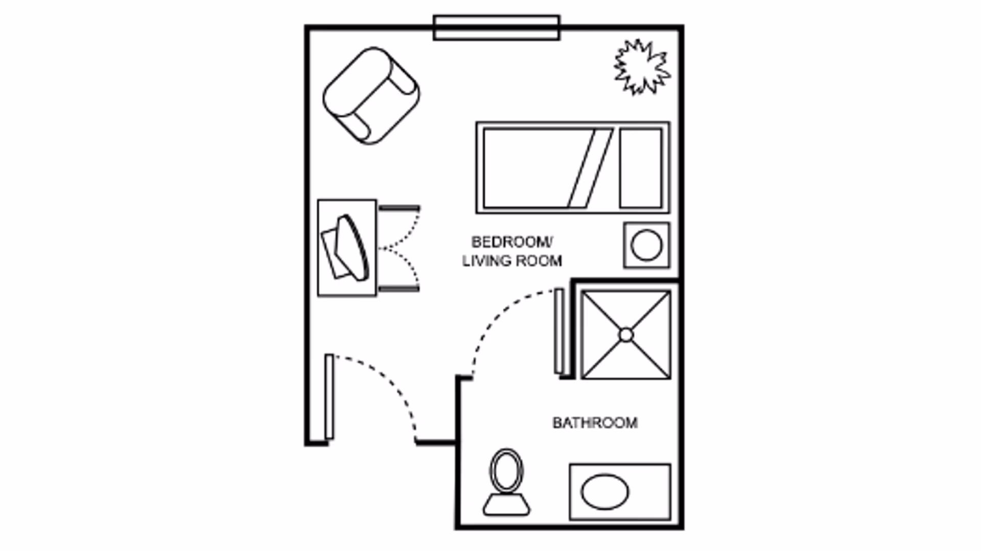 Floor plan of a small living space labeled The Bellingham at Orchard by Cogir, showing a combined bedroom and living room area with a bed, armchair, desk with chair, and a plant. Adjacent to this is a bathroom with a toilet, sink, and shower.