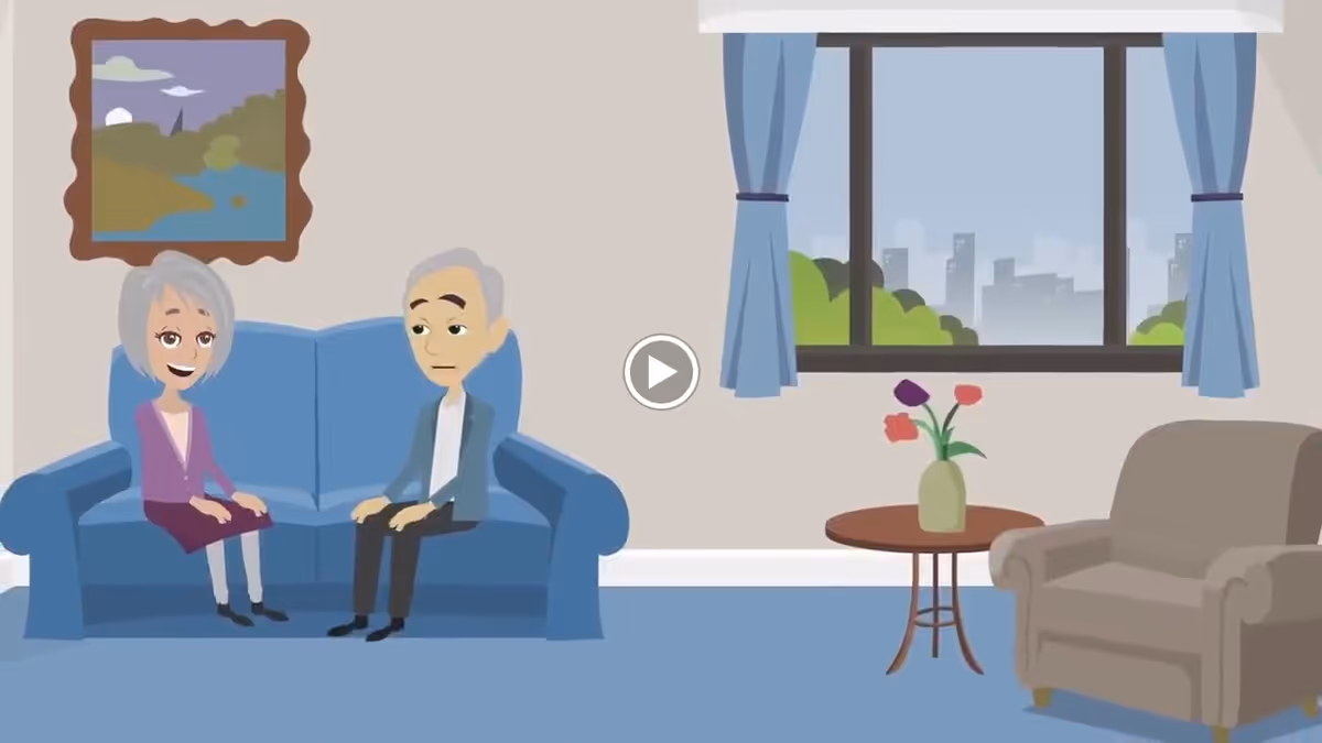 Animated illustration of an elderly man and woman sitting on a blue couch in a living room. The room has a window with blue curtains showing a cityscape and greenery outside. There is a brown armchair and a small round table with a vase of flowers. A framed landscape painting hangs on the wall.