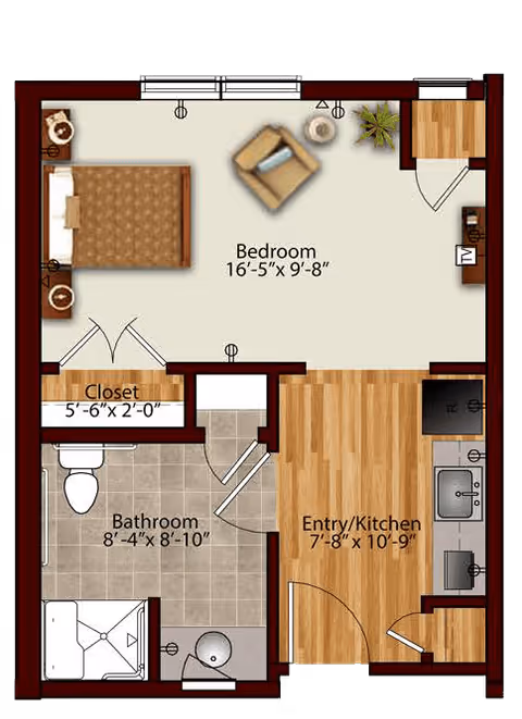 Floor plan of a senior living unit at Harmony at Hershey showing a bedroom with a bed, chair, and plant, a closet, a bathroom with a shower, toilet, and sink, and an entry/kitchen area with a sink, stove, and refrigerator.