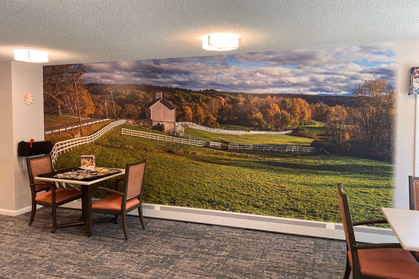 Interior room with a large mural on the wall depicting a scenic rural landscape with a barn, white fences, green fields, and trees with autumn foliage. The room has carpeted flooring, a small table with two chairs, and ceiling lights.