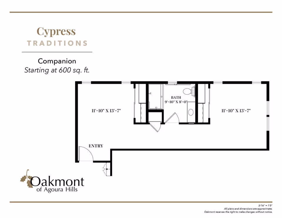 Floor plan layout for Cypress Traditions Companion unit starting at 600 square feet, showing two main rooms each measuring 11'-10" by 13'-7", an entry area, and a bathroom measuring 9'-10" by 8'-0". The plan includes door and window placements.