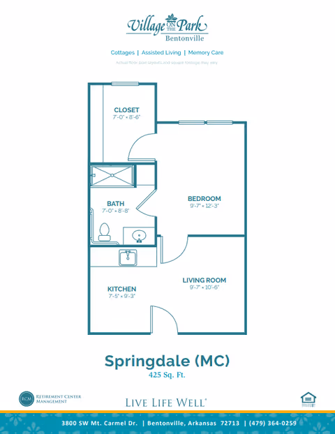 Floor plan of a one-bedroom 425 sq. ft. apartment (Springdale MC) showing labeled kitchen, living room, bedroom, bath, and closet.