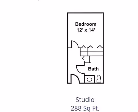 Floor plan of a studio apartment with a 12 by 14 feet bedroom and an attached bathroom. The layout shows the entrance, closet space, and bathroom fixtures including a toilet and sink. The total area is 288 square feet.