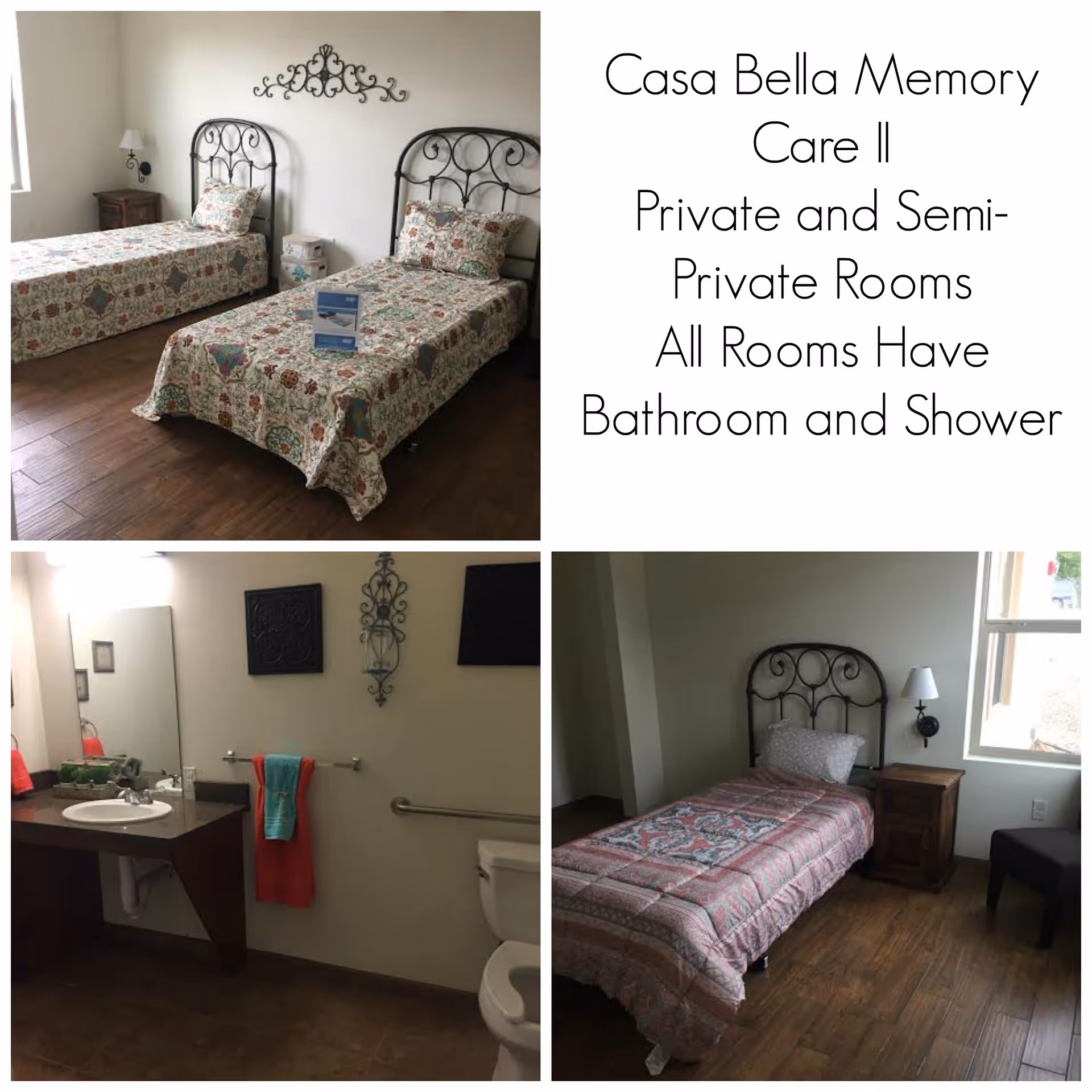 Collage of three images showing interior views of Casa Bella Assisted Living. Top left image shows a bedroom with two twin beds with patterned bedspreads, a nightstand, and decorative wall art. Bottom left image shows a bathroom with a sink, mirror, toilet, and colorful towels. Bottom right image shows a bedroom with a single twin bed, a nightstand, a wall-mounted lamp, and a window letting in natural light. Text on the right side reads: Casa Bella Memory Care || Private and Semi-Private Rooms All Rooms Have Bathroom and Shower.