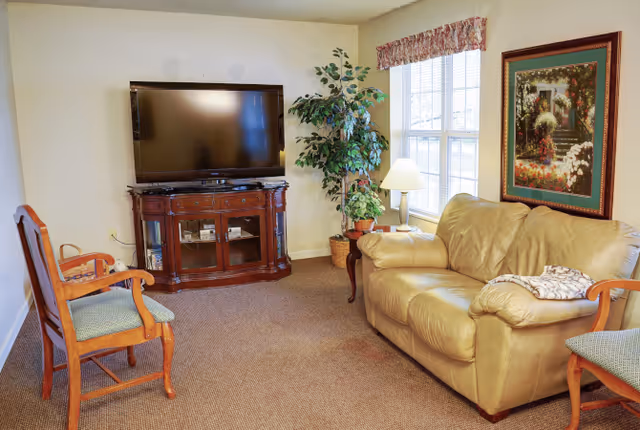 A cozy living room with a beige leather sofa, two wooden chairs with green cushions, a large flat-screen TV on a wooden cabinet, a potted plant, a table lamp, and a framed painting on the wall next to a window with floral valance curtains.