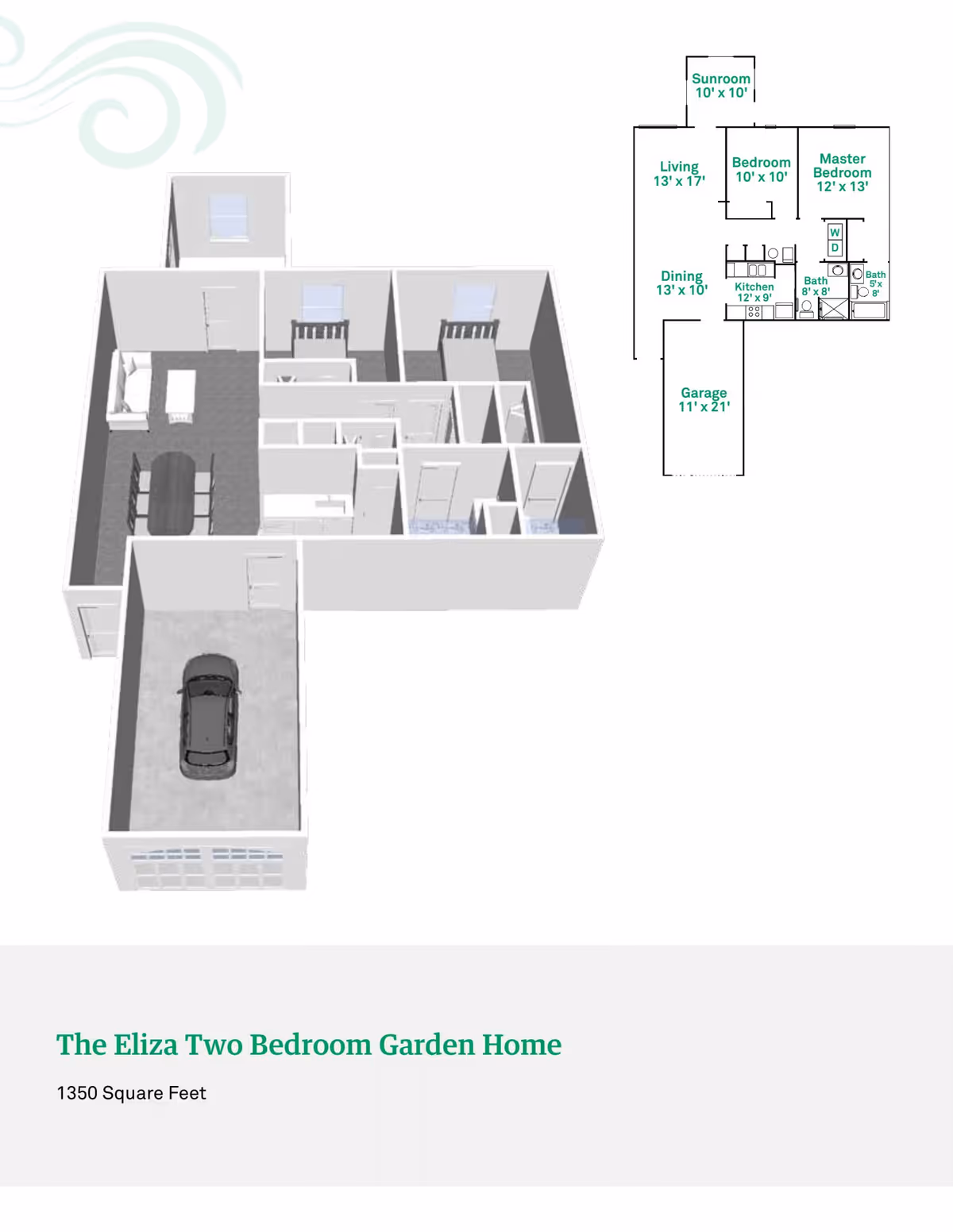 3D floor plan and 2D layout of The Eliza Two Bedroom Garden Home showing a garage, living room, dining area, kitchen, two bedrooms, two bathrooms, and a sunroom with dimensions.