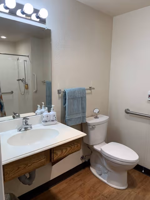 A clean and accessible bathroom with a white sink and wooden cabinet, a large mirror above the sink with four round lights, a white toilet with a small mirror on top of the tank, a blue towel hanging on a towel rack, and a shower area with grab bars visible in the reflection of the mirror.