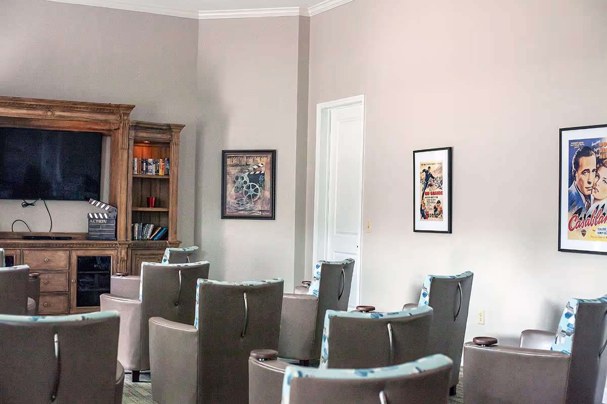 A small theater-style room with several rows of cushioned chairs facing a large flat-screen TV mounted on a wooden entertainment center. The walls are decorated with framed vintage movie posters, and the room has a neutral color palette with beige walls and carpeted floor.
