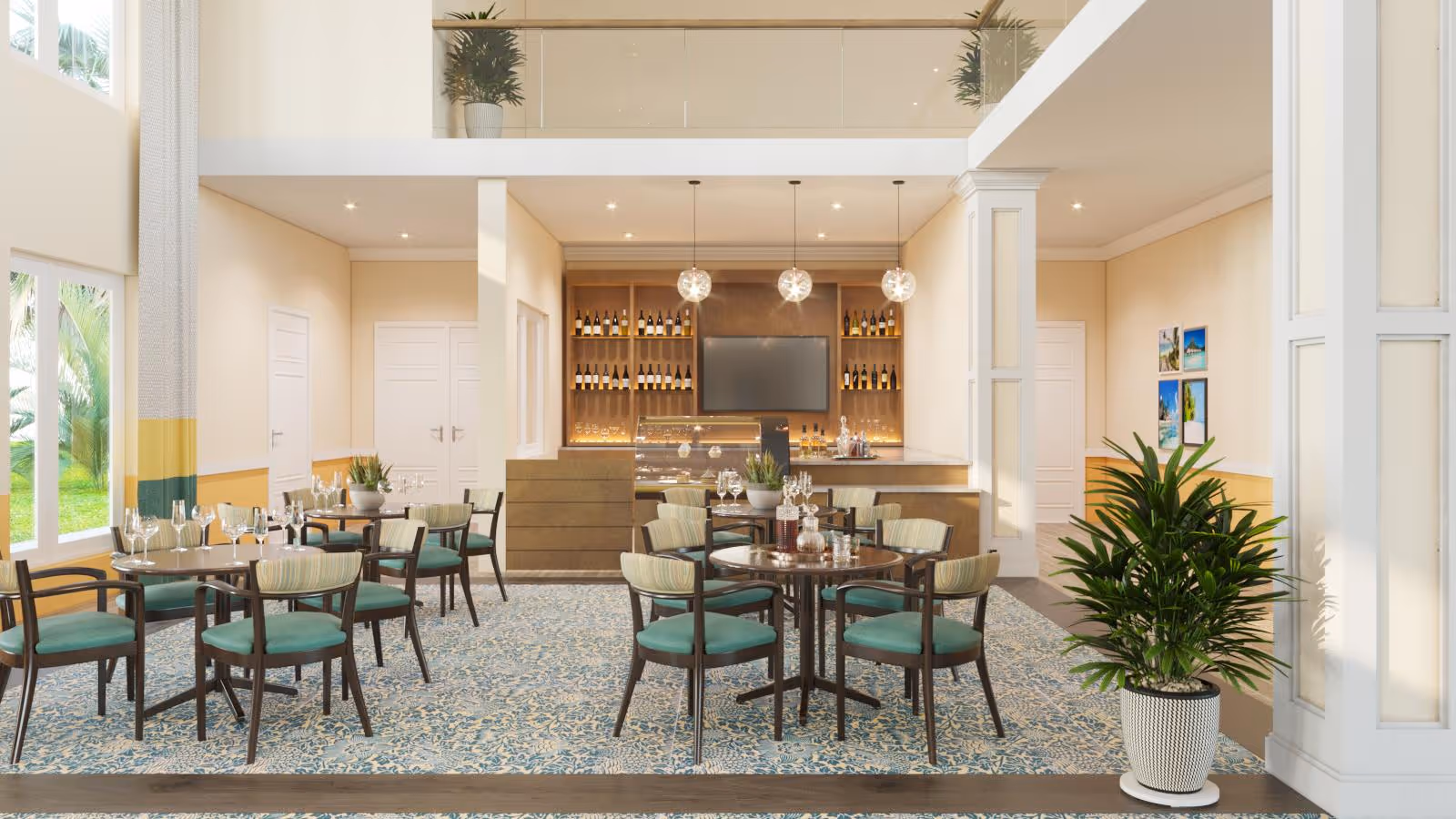 Bright dining room with round tables and teal-upholstered chairs facing a small bar under a high ceiling.