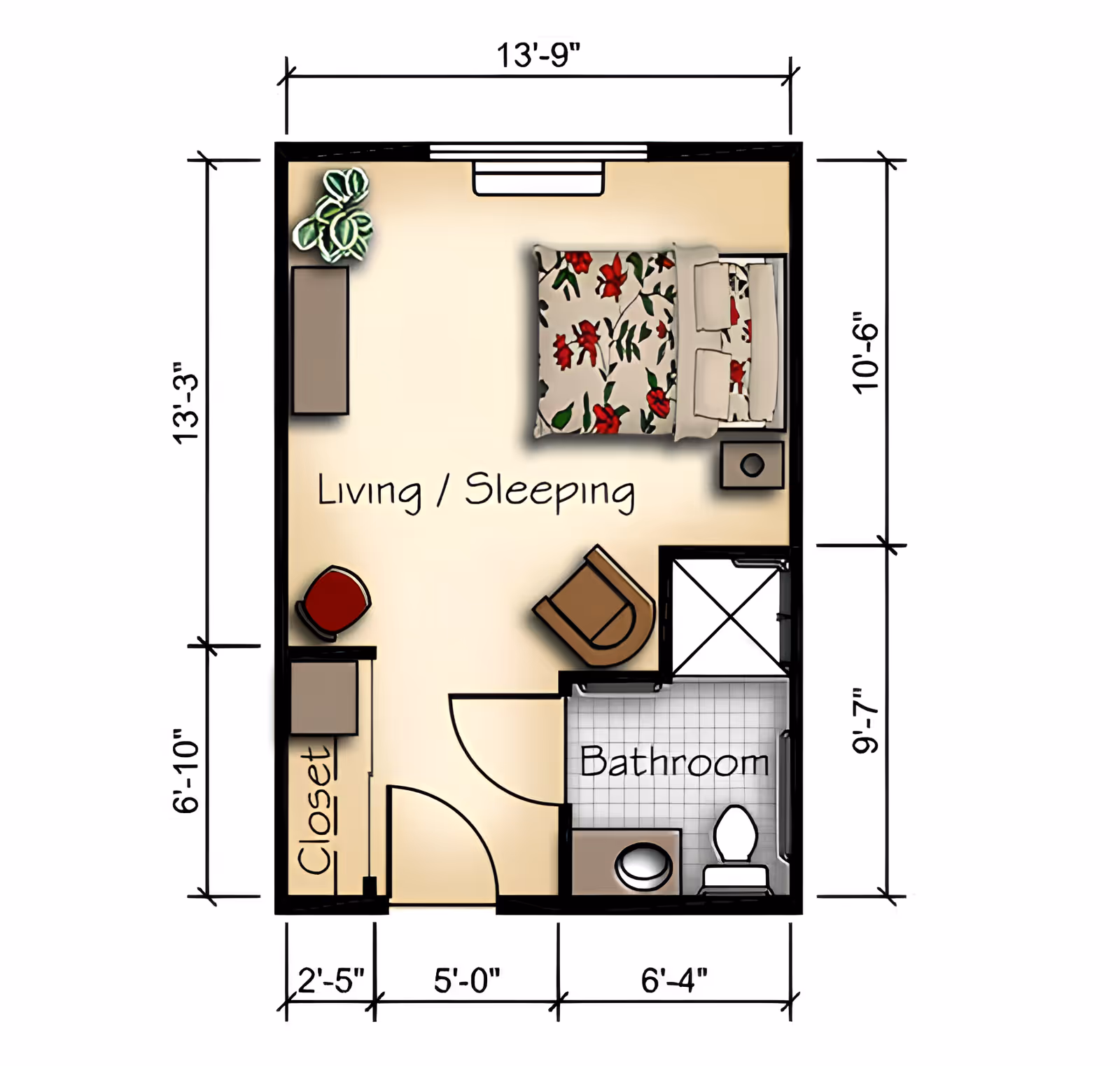 Floor plan of a senior living unit at Cedarhurst Senior Living of Springfield, MO, showing a combined living and sleeping area with a bed, chair, small table, closet, and a bathroom with a toilet, sink, and shower.