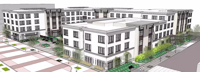 Architectural rendering of a multi-story senior living facility building with multiple windows, landscaped greenery, and sidewalks surrounding the structure.