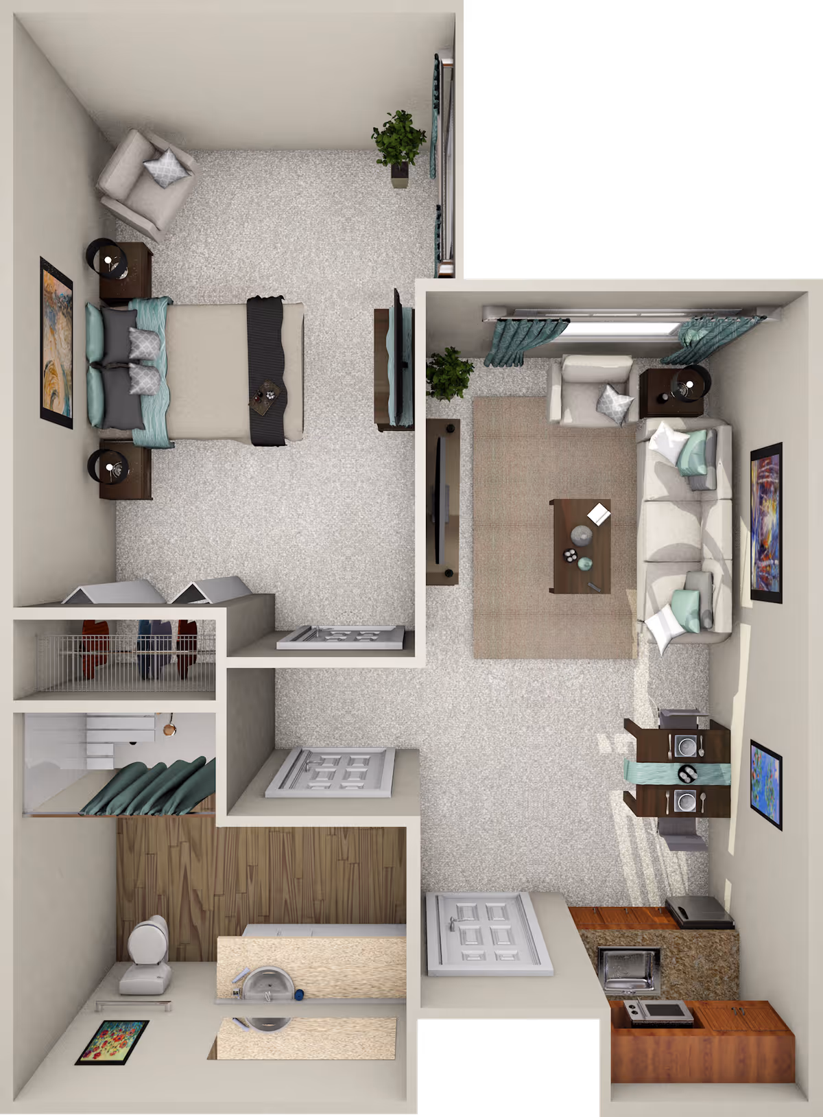 Top-down view of a one-bedroom apartment floor plan featuring a bedroom with a bed, armchair, nightstands, and TV; a living room with a sofa, armchair, coffee table, TV, and side table; a small kitchen area with appliances and cabinets; and a bathroom with a toilet and sink.