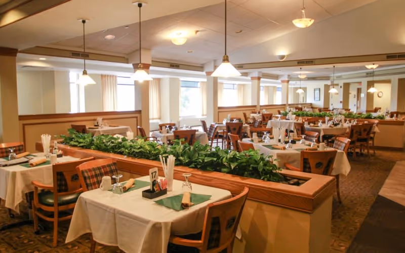 A spacious dining room with multiple tables covered in white tablecloths, each set with glasses, napkins, and utensils. The room features wooden chairs with plaid cushions, green plants in a central divider, large windows with curtains, and hanging pendant lights providing warm lighting.