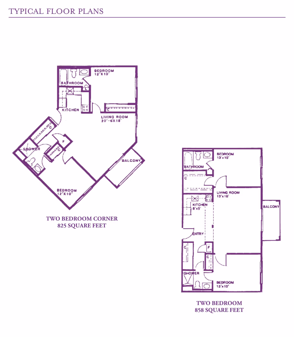 Two typical floor plans for Delmar Gardens of Smyrna showing layouts for two-bedroom apartments. The first plan is a two-bedroom corner unit with 825 square feet, including a kitchen, living room, bathroom, shower, and balcony. The second plan is a two-bedroom unit with 858 square feet, featuring a kitchen, living room, bathroom, shower, and balcony.