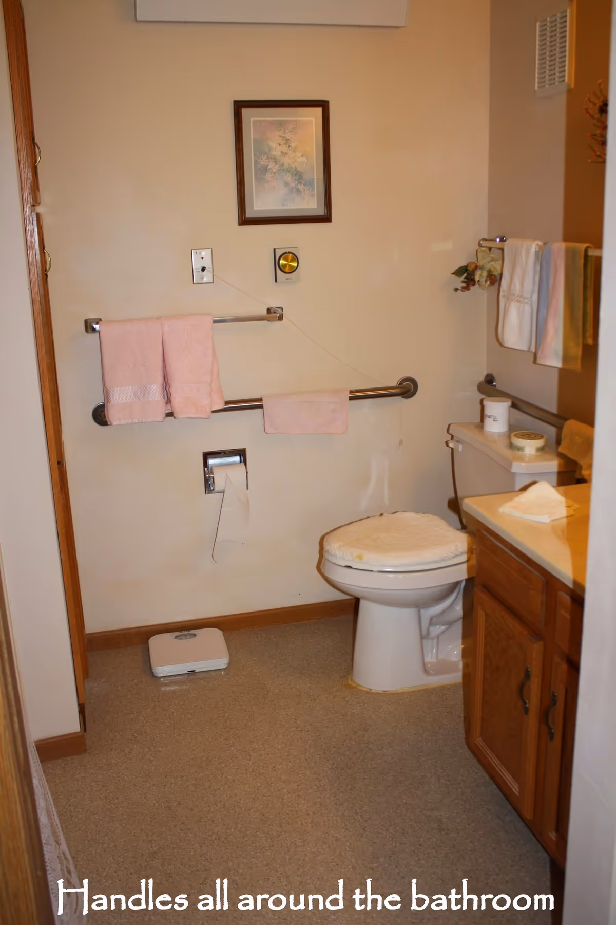 A bathroom with beige walls and a toilet with a padded seat cover. There are grab bars installed on the walls around the toilet, with pink and white towels hanging on them. A framed picture hangs above the grab bars. A bathroom scale is on the floor near the wall. A wooden cabinet with a countertop is visible on the right side. The text 'Handles all around the bathroom' is displayed at the bottom of the image.