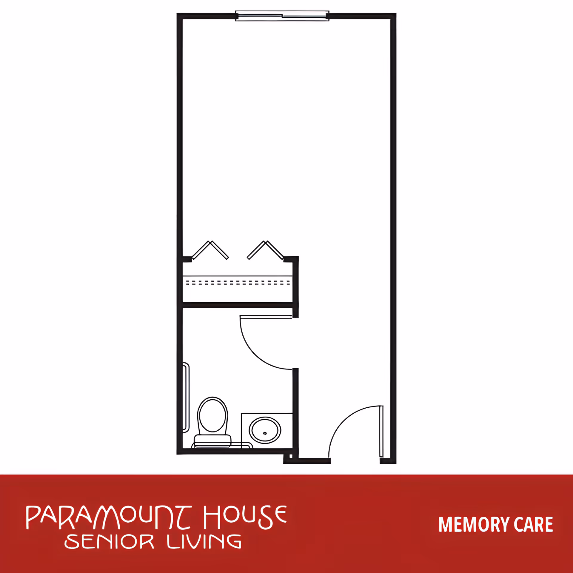 Black-and-white floor plan of a narrow studio showing an entry, a bathroom with toilet and sink, and a closet, labeled for Paramount House Senior Living memory care.