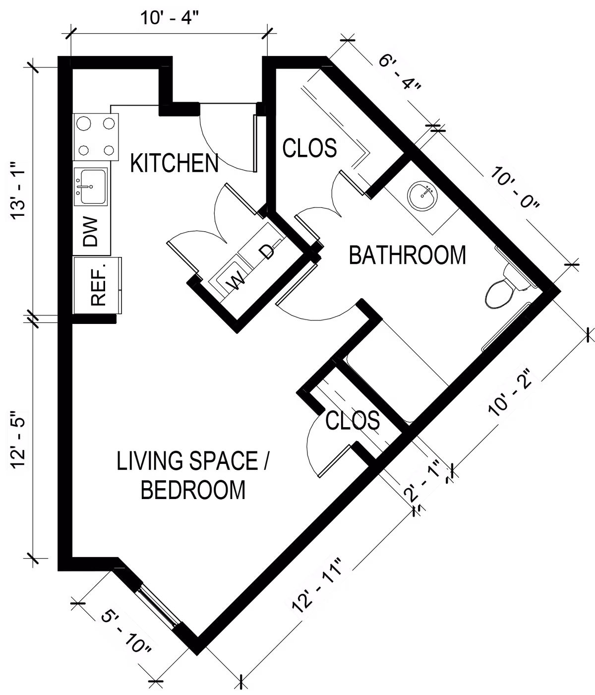 Architectural floor plan of a small living space with labeled areas including kitchen, bathroom, living space/bedroom, and closets. Dimensions are marked around the perimeter and within the layout.