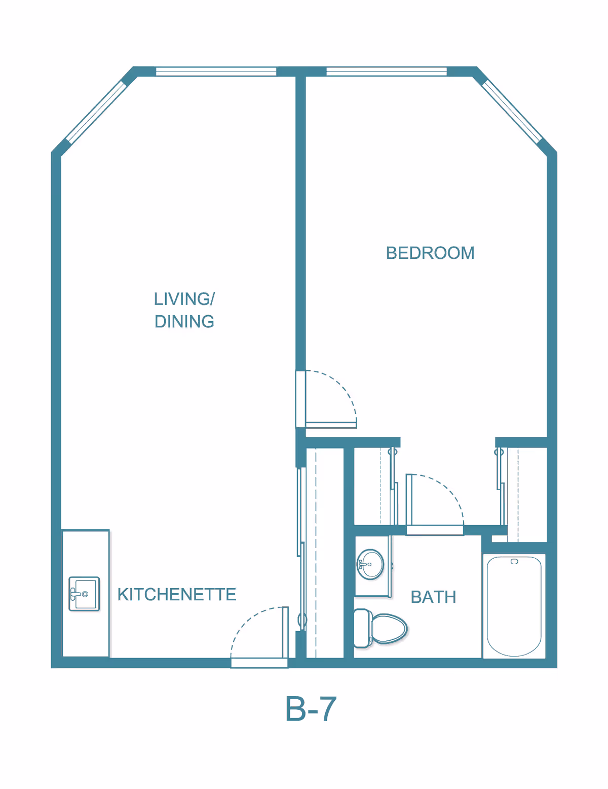 Floor plan labeled B-7 showing a layout with a living/dining area combined with a kitchenette, a separate bedroom, and a bathroom with a sink, toilet, and bathtub.