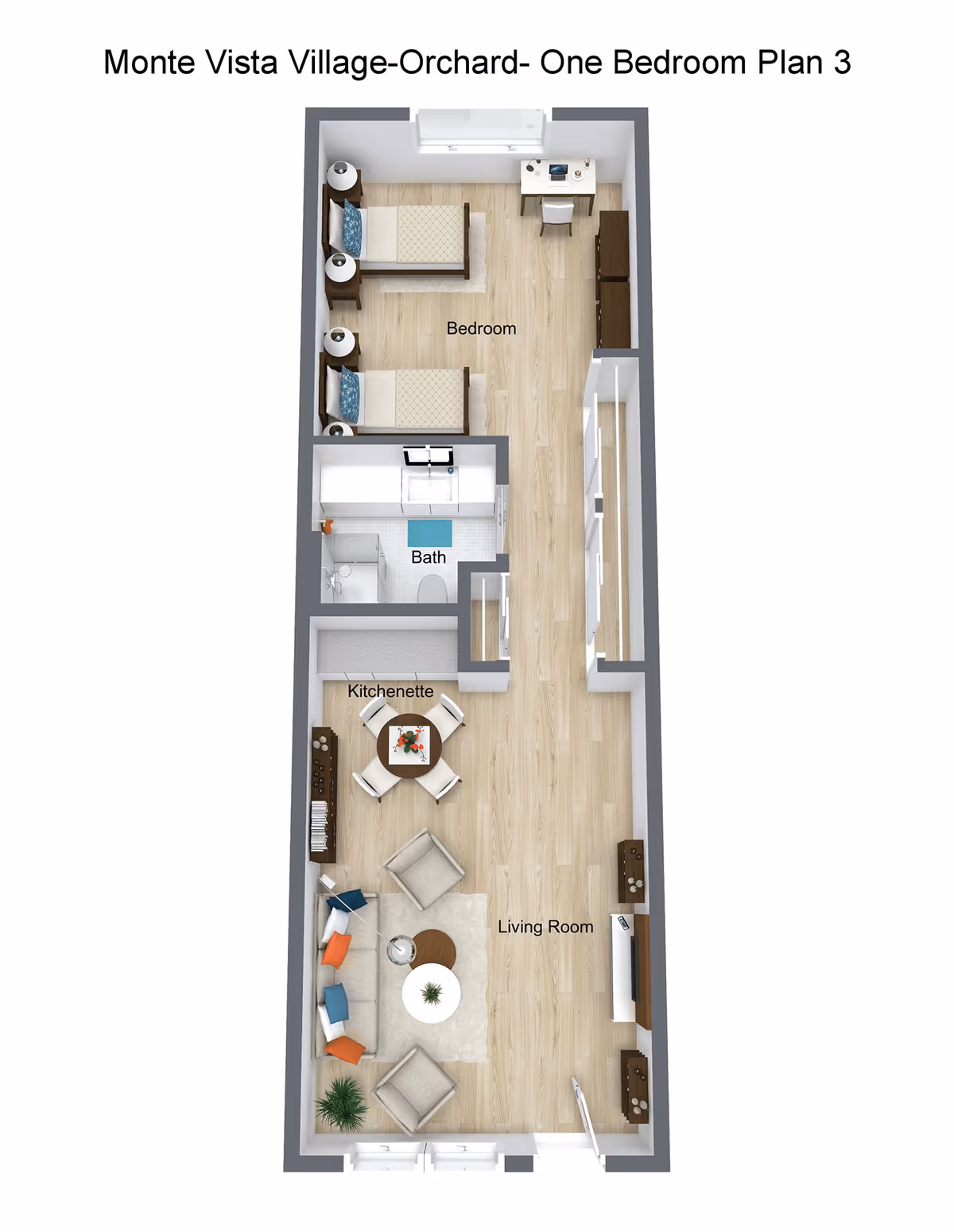 3D floor plan of Monte Vista Village Orchard one-bedroom apartment showing a living room with sofa, chairs, and TV, a kitchenette with dining table and chairs, a bathroom with shower and toilet, and a bedroom with two beds, nightstands, and a desk.