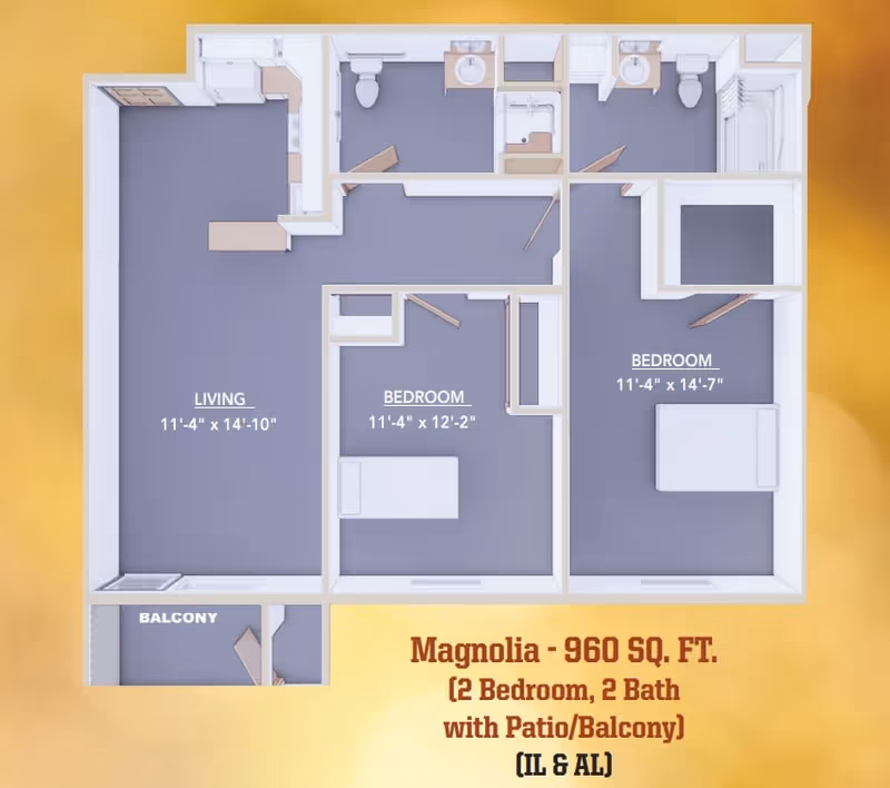 Top-down floor plan of the Magnolia 960 sq. ft. two-bedroom, two-bath apartment showing living room, two bedrooms, bathrooms and a balcony.