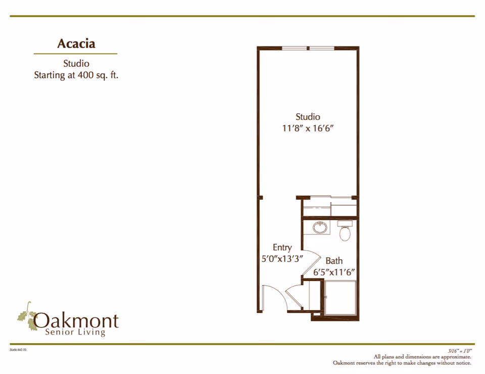 Floor plan layout of a studio apartment named Acacia at Oakmont Senior Living, showing a studio area measuring 11'8" x 16'6", an entry area measuring 5'0" x 13'3", and a bathroom measuring 6'5" x 11'6". The Oakmont Senior Living logo is visible at the bottom left.