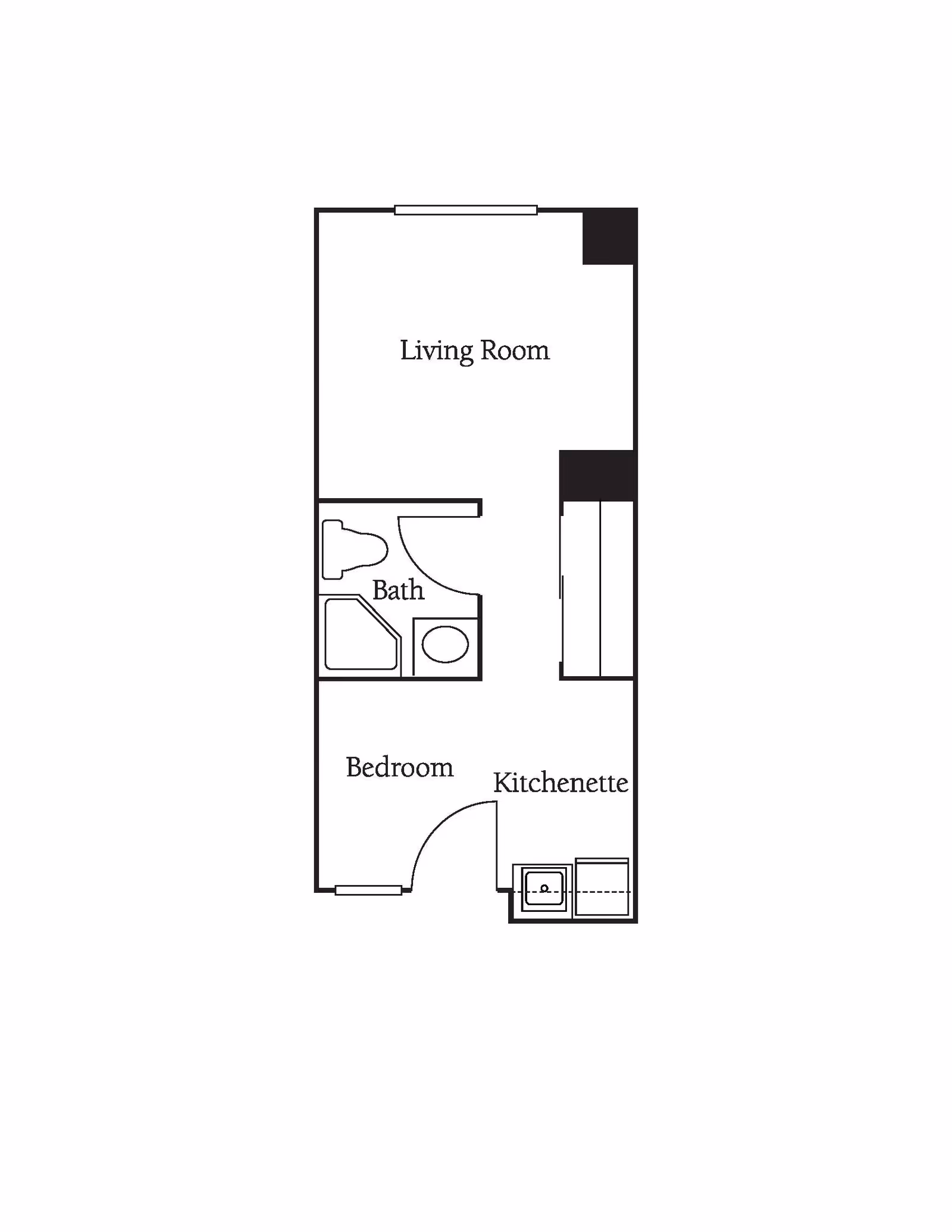 Floor plan layout showing a living room, bath, bedroom, and kitchenette in a senior living facility.