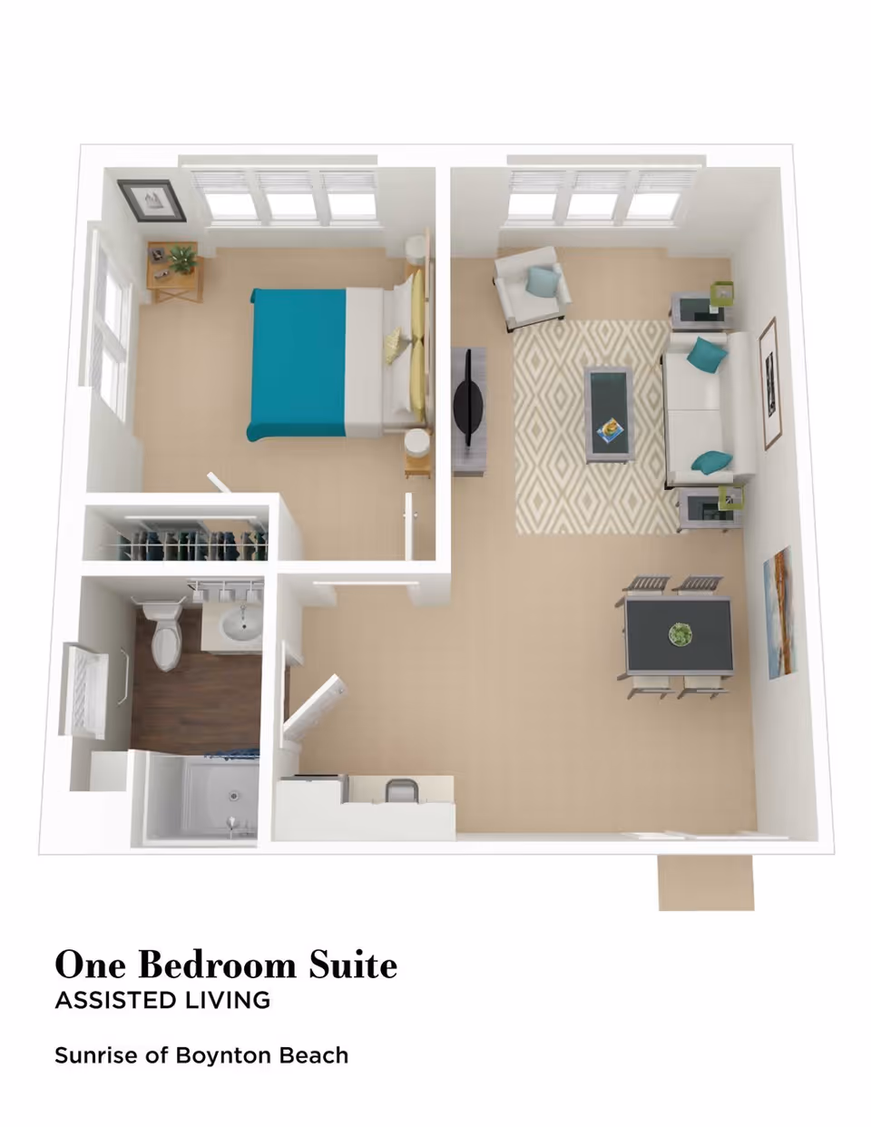 3D floor plan of a one-bedroom assisted living suite showing a bedroom with a bed and nightstands, a living room with a sofa, armchair, coffee table, TV, and dining table with chairs, a kitchen area, and a bathroom with a shower, toilet, and sink.