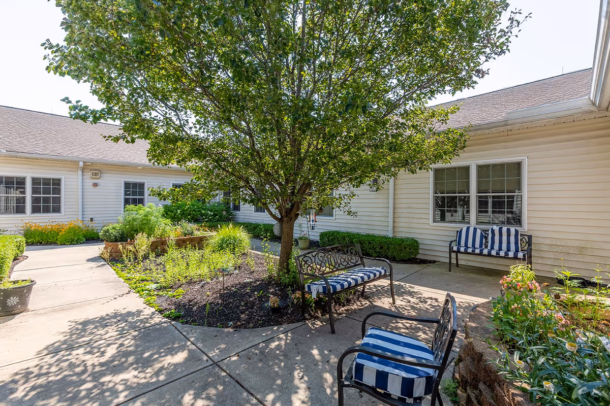 Outdoor courtyard area with a tree in the center surrounded by garden beds and concrete walkways. There are three metal benches with blue and white striped cushions placed around the courtyard. The building exterior is light-colored with multiple windows and an exit sign visible.