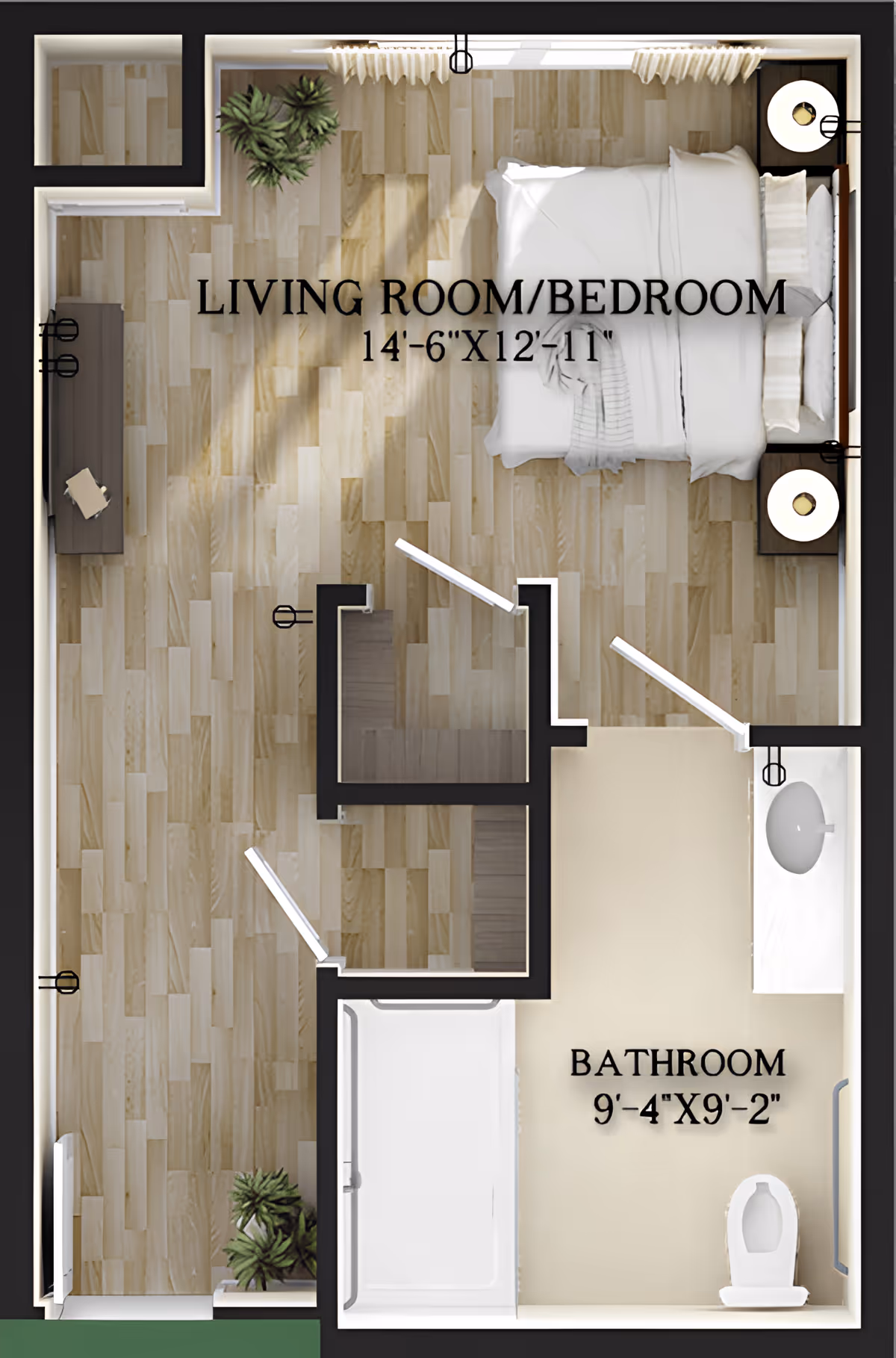 Top-down floor plan of a living room/bedroom and bathroom in a senior living facility. The living room/bedroom area measures 14 feet 6 inches by 12 feet 11 inches and contains a bed with pillows and blankets, two bedside tables with lamps, a desk with a chair, and two plants. The bathroom measures 9 feet 4 inches by 9 feet 2 inches and includes a toilet, a sink with a countertop, and a bathtub with a shower.
