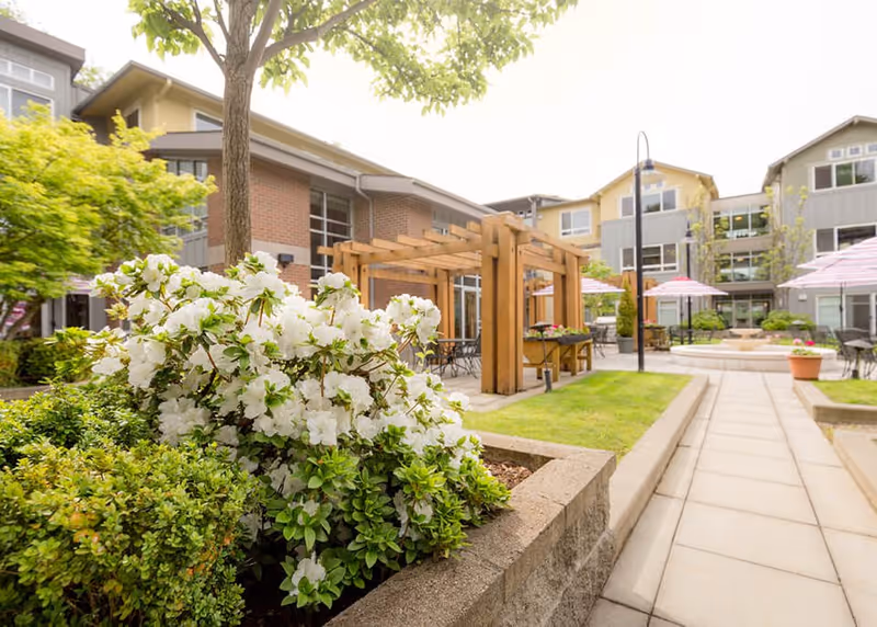 Outdoor courtyard area of a senior living facility with blooming white flowers in the foreground, a wooden pergola with seating underneath, patio tables with pink umbrellas, and a multi-story building in the background.