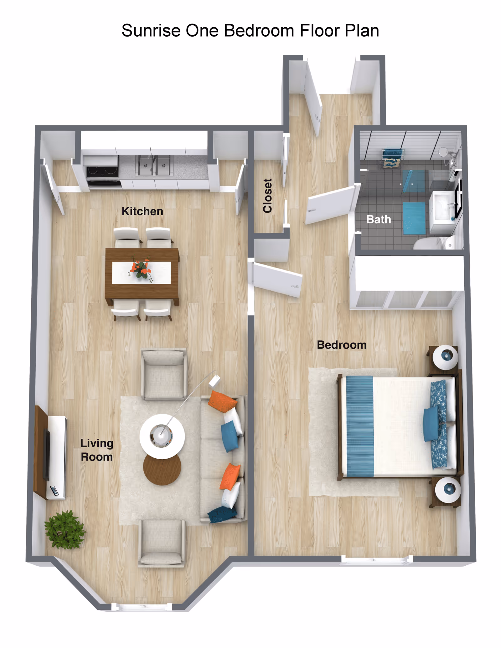 3D floor plan of a one-bedroom apartment labeled Sunrise One Bedroom Floor Plan, showing a kitchen with dining table and chairs, a living room with sofa, armchairs, coffee table, and TV, a bedroom with a bed and nightstands, a bathroom with a shower, sink, and toilet, and a closet in the hallway.