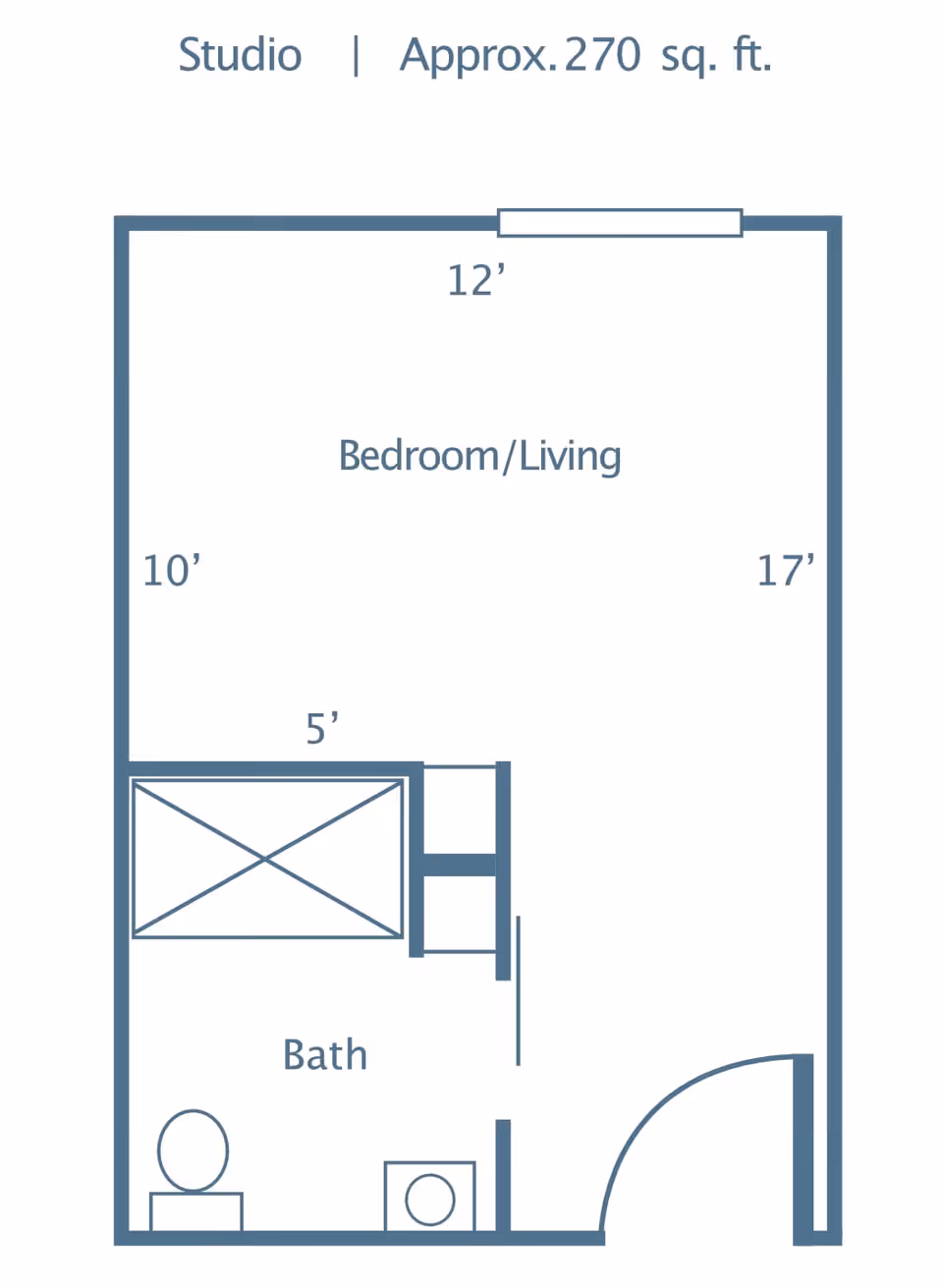 Floor plan of a studio apartment approximately 270 square feet, showing a combined bedroom and living area measuring 12 by 17 feet, and a bathroom measuring 5 by 10 feet with a toilet and shower area.