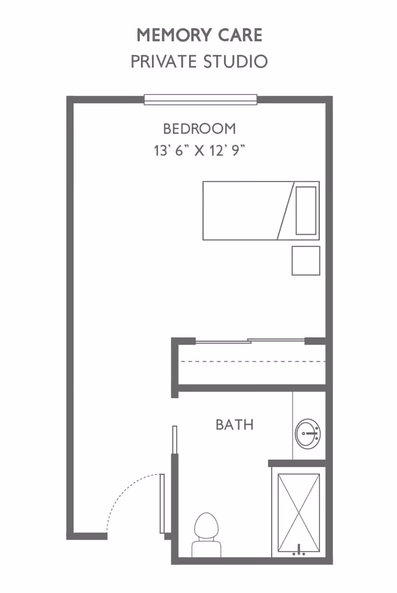 Floor plan of a memory care private studio at Park Place Senior Living, showing a bedroom measuring 13 feet 6 inches by 12 feet 9 inches with a bed and nightstand, and an attached bathroom with a toilet, sink, and shower.