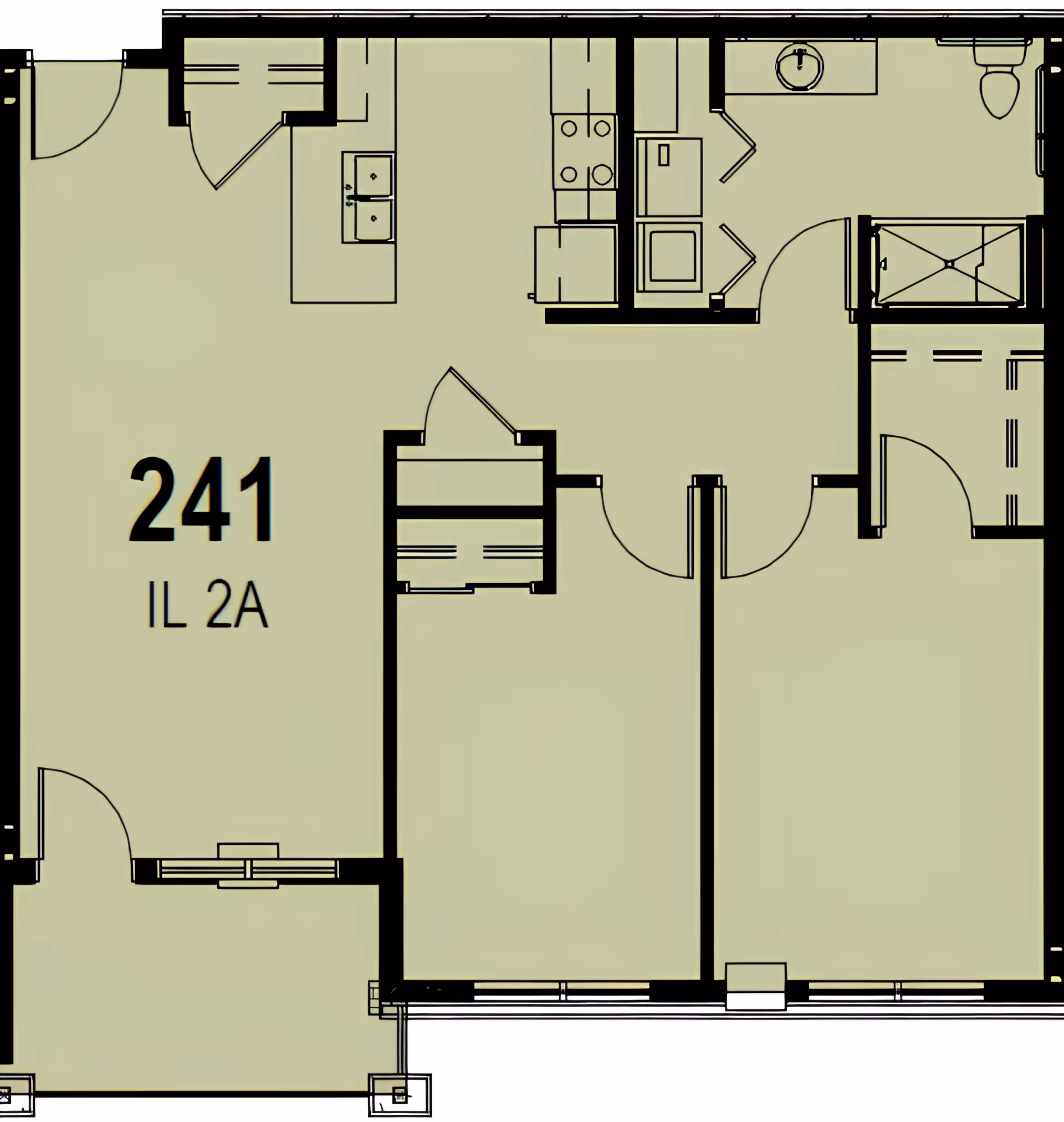 Architectural floor plan of unit 241 IL 2A at Aspire Senior Living Oshkosh, showing layout including kitchen, bathroom, living area, and bedroom spaces.