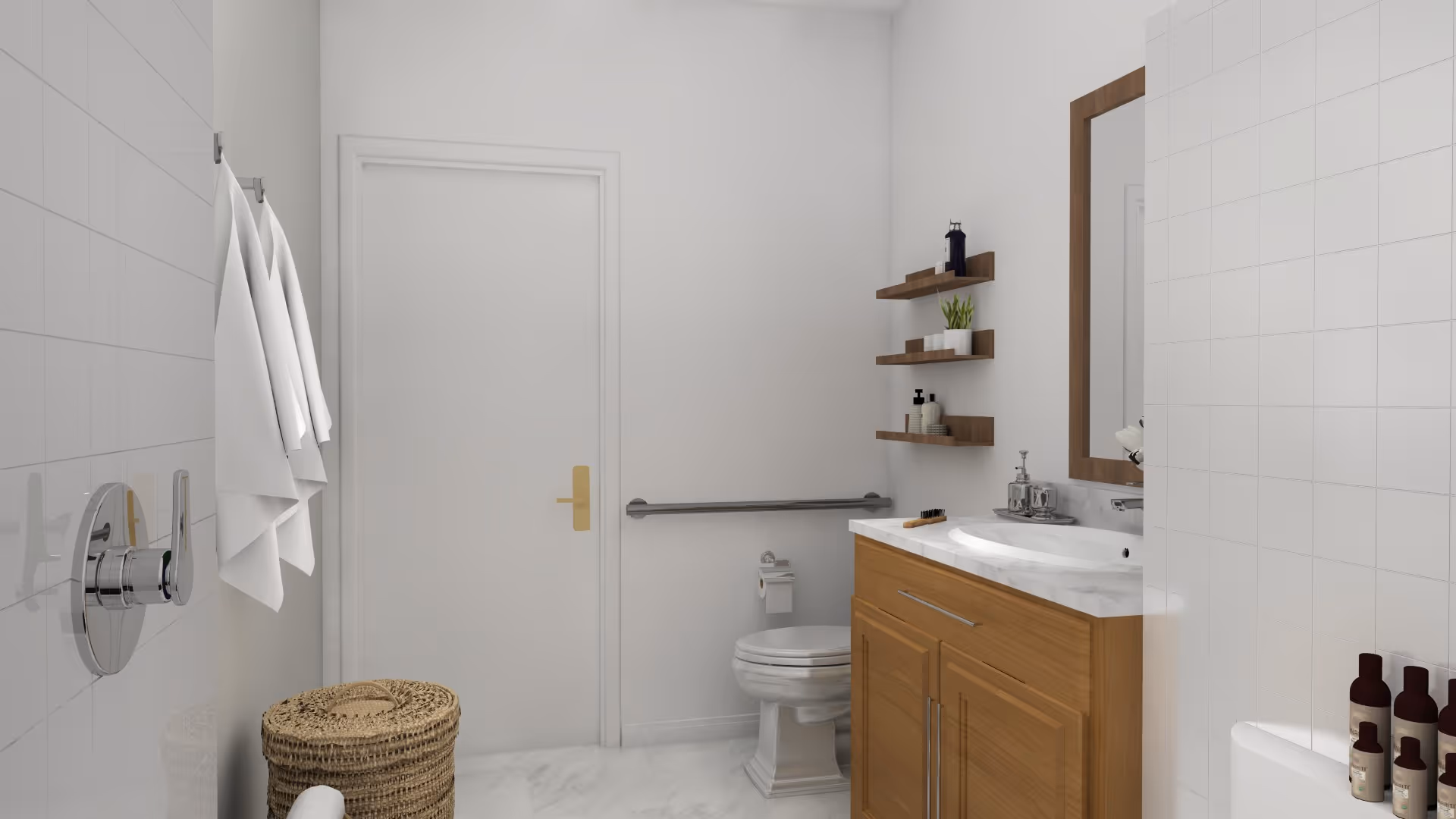 Clean bright bathroom with a wooden vanity and mirror, toilet with a grab bar, wall shelves, and hanging towels.