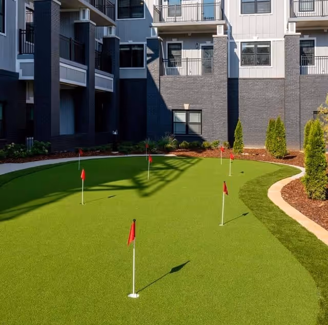 Outdoor putting green with several small red flags on poles, surrounded by a curved walkway and landscaping with shrubs and mulch, adjacent to a multi-story building with balconies and windows.
