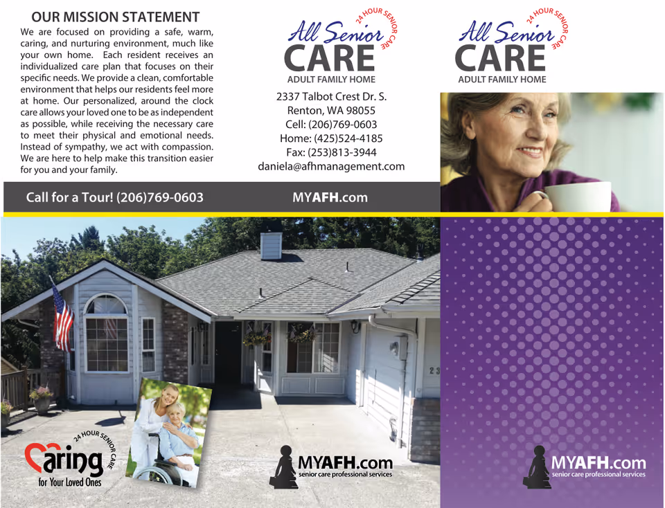 Brochure-style flyer for 'All Senior Care' adult family home showing a mission statement, contact details, a portrait of an elderly woman, and a photo of the facility's front exterior.