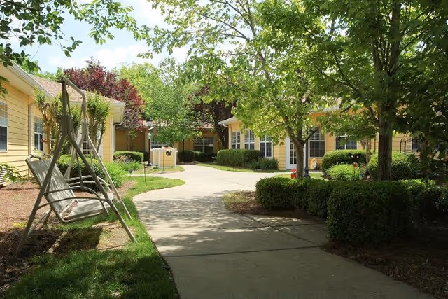 Outdoor courtyard area at Belvedere Commons of Franklin featuring a paved walkway, green grass, trimmed bushes, several trees providing shade, a swing bench on the left side, and yellow buildings with white trim in the background under a clear sky.