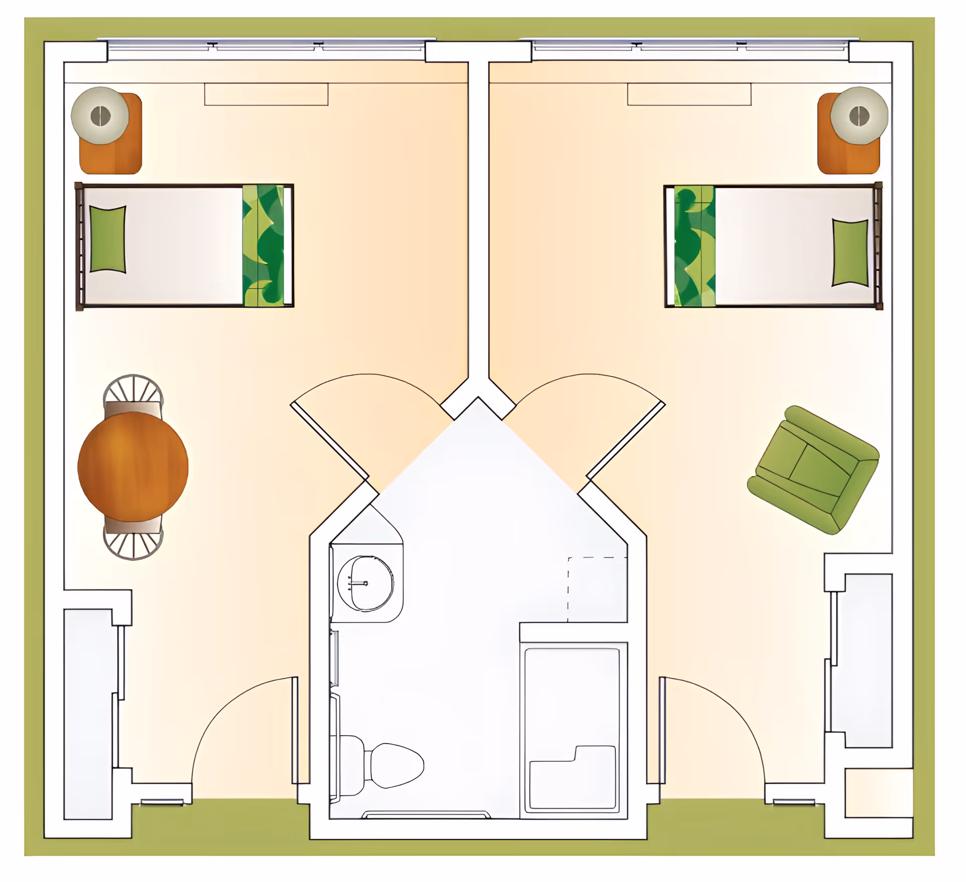Floor plan of a shared living space with two separate bedrooms, each containing a bed, a nightstand with a lamp, and additional furniture. The left bedroom has a round table with two chairs, while the right bedroom has a green armchair and a dresser. A shared bathroom with a toilet, sink, and shower is located between the two bedrooms, accessible by two doors.