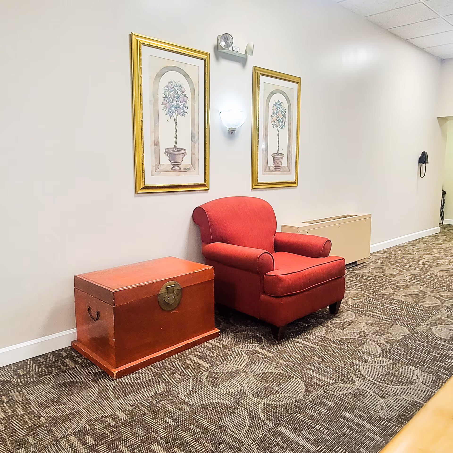 A hallway area in a senior living community featuring a red upholstered armchair next to a wooden chest. Two framed botanical prints with gold frames hang on the beige wall above the chair and chest. The floor is carpeted with a patterned design, and a wall-mounted light fixture is positioned between the pictures. A beige heating unit and a wall-mounted telephone are visible further down the hallway.
