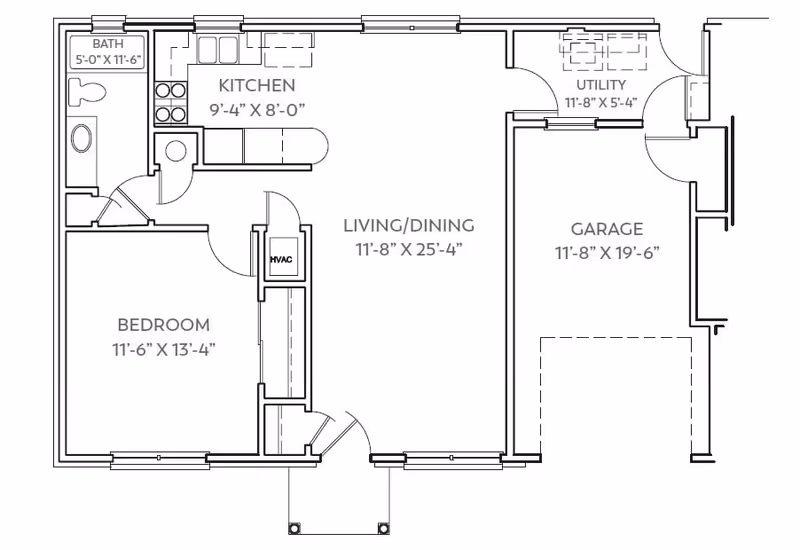 Architectural floor plan of a residential unit at Baptist Retirement Community showing a bedroom, bathroom, kitchen, living/dining area, utility room, and garage with dimensions labeled.