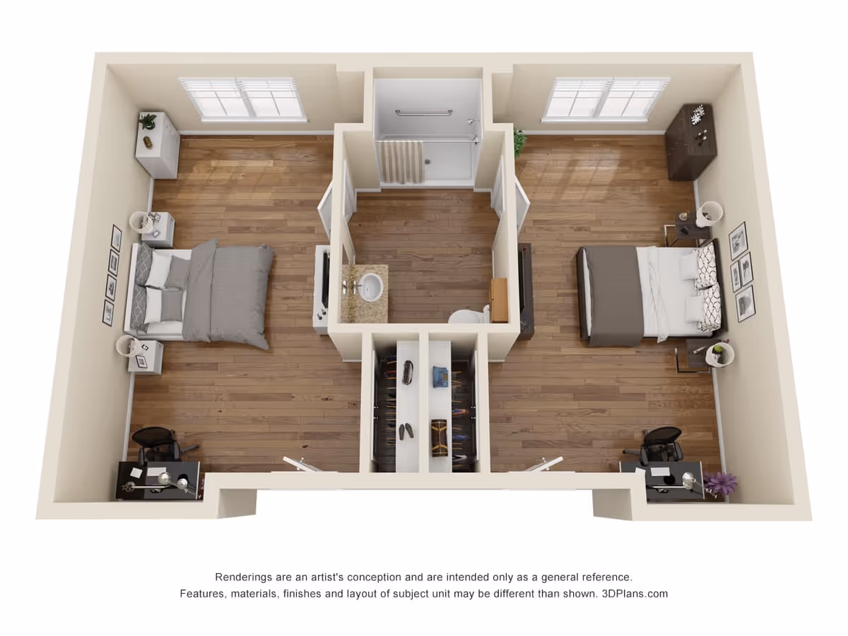 3D floor plan showing two bedrooms separated by a central bathroom with a shower, sink, and toilet. Each bedroom has a bed, nightstands with lamps, a desk with a chair, and windows letting in natural light. There are closets between the bedrooms and the bathroom.