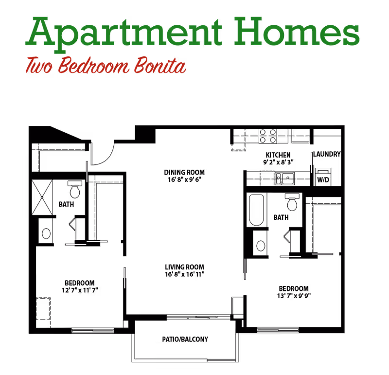 Floor plan layout of a two-bedroom apartment named Bonita, showing the arrangement of rooms including bedrooms, living area, kitchen, and bathrooms.