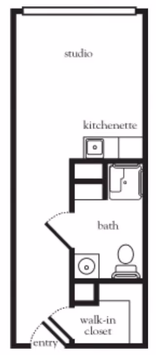 Floor plan of a studio apartment featuring an entry leading to a walk-in closet, a bathroom with a sink, toilet, and bathtub, a kitchenette area, and an open studio living space.