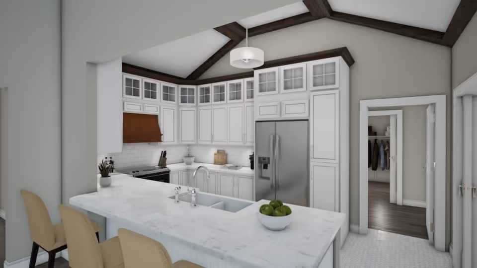 Modern kitchen with white cabinetry, marble countertops, a double sink, stainless steel refrigerator, and a bowl of green apples on the counter. Two beige chairs are positioned at the counter, and there is a doorway leading to a room with a closet and hanging clothes.