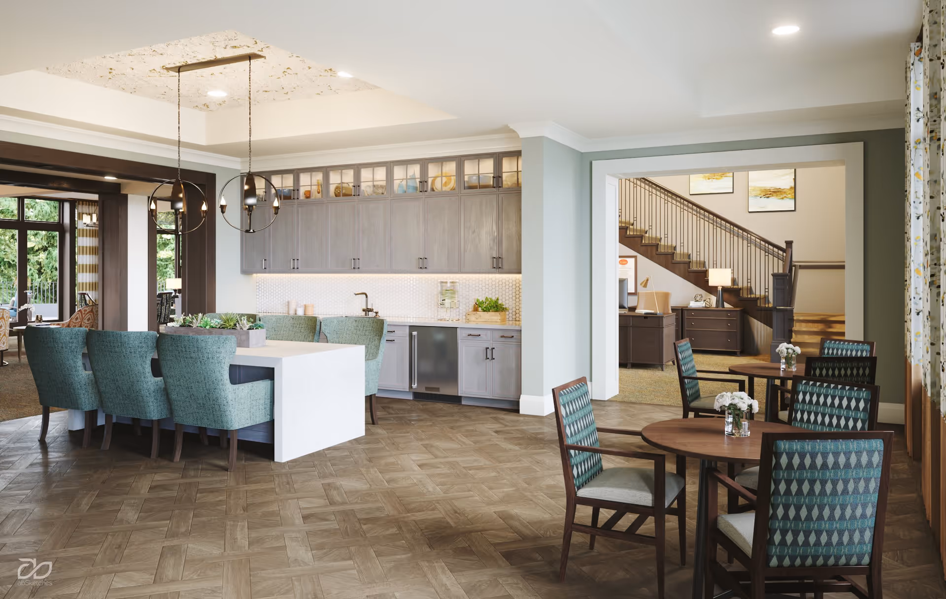 A spacious and well-lit interior room featuring a modern kitchen area with grey cabinets, a white island with seating for six people in teal upholstered chairs, and two round wooden tables each surrounded by four patterned chairs. The room has a parquet floor and large windows with floral curtains allowing natural light to enter. In the background, there is an open doorway leading to a stairway and additional seating area with a desk and lamp.