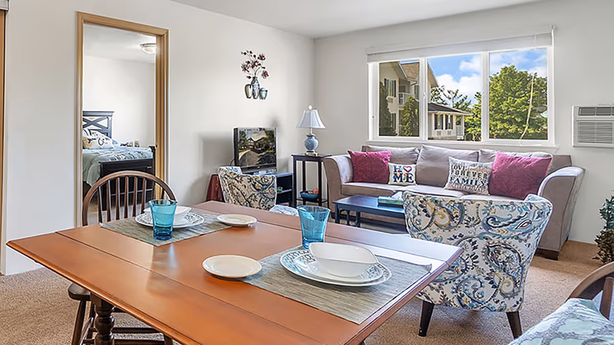 Open living and dining area with a set wooden table in the foreground, patterned armchairs, a sofa with colorful pillows, and a window showing trees outside.