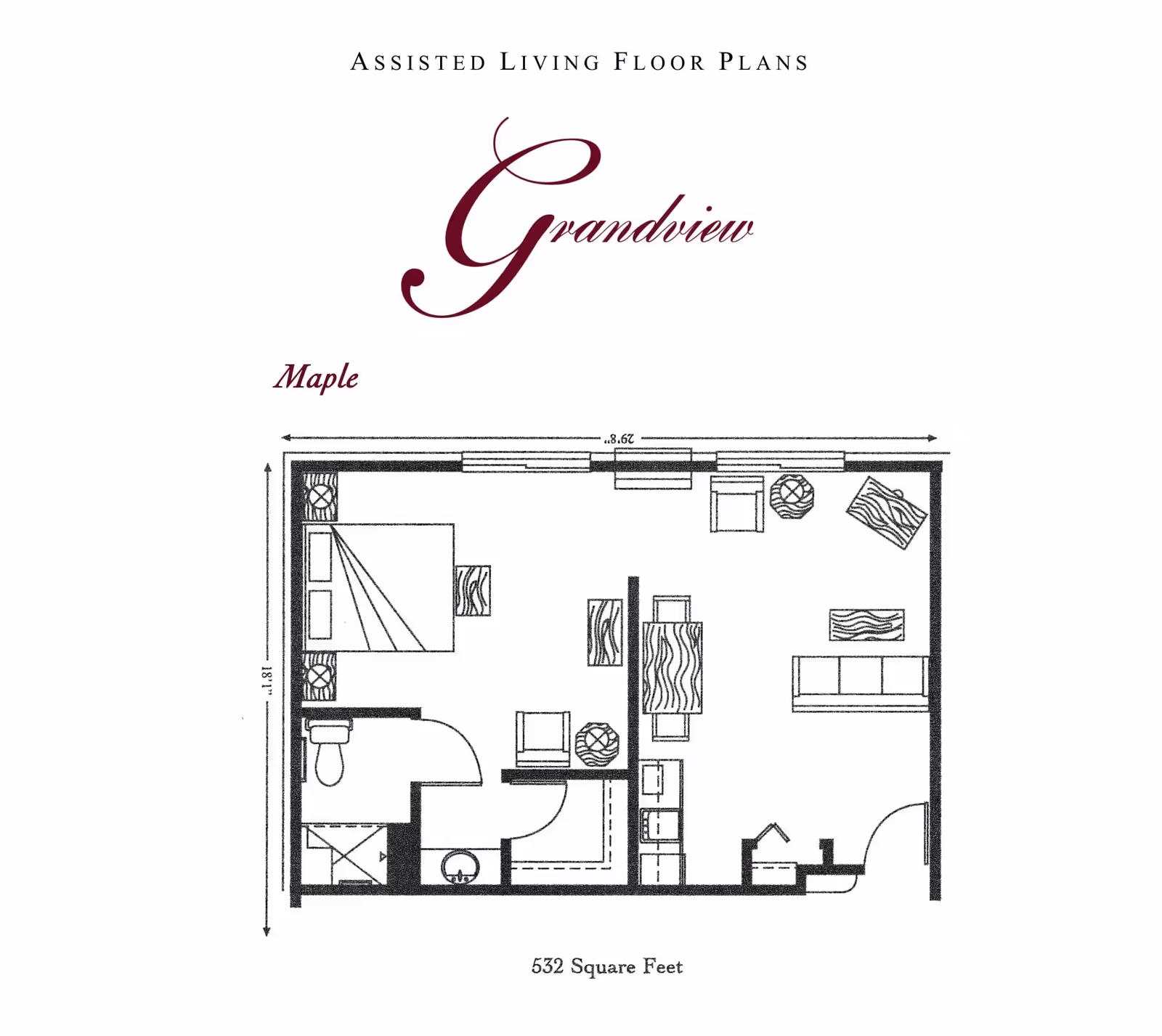 Floor plan of an assisted living unit named Maple at Grandview Assisted and Independent Living, showing a layout with a bedroom, bathroom, kitchen, dining area, and living room within 532 square feet.