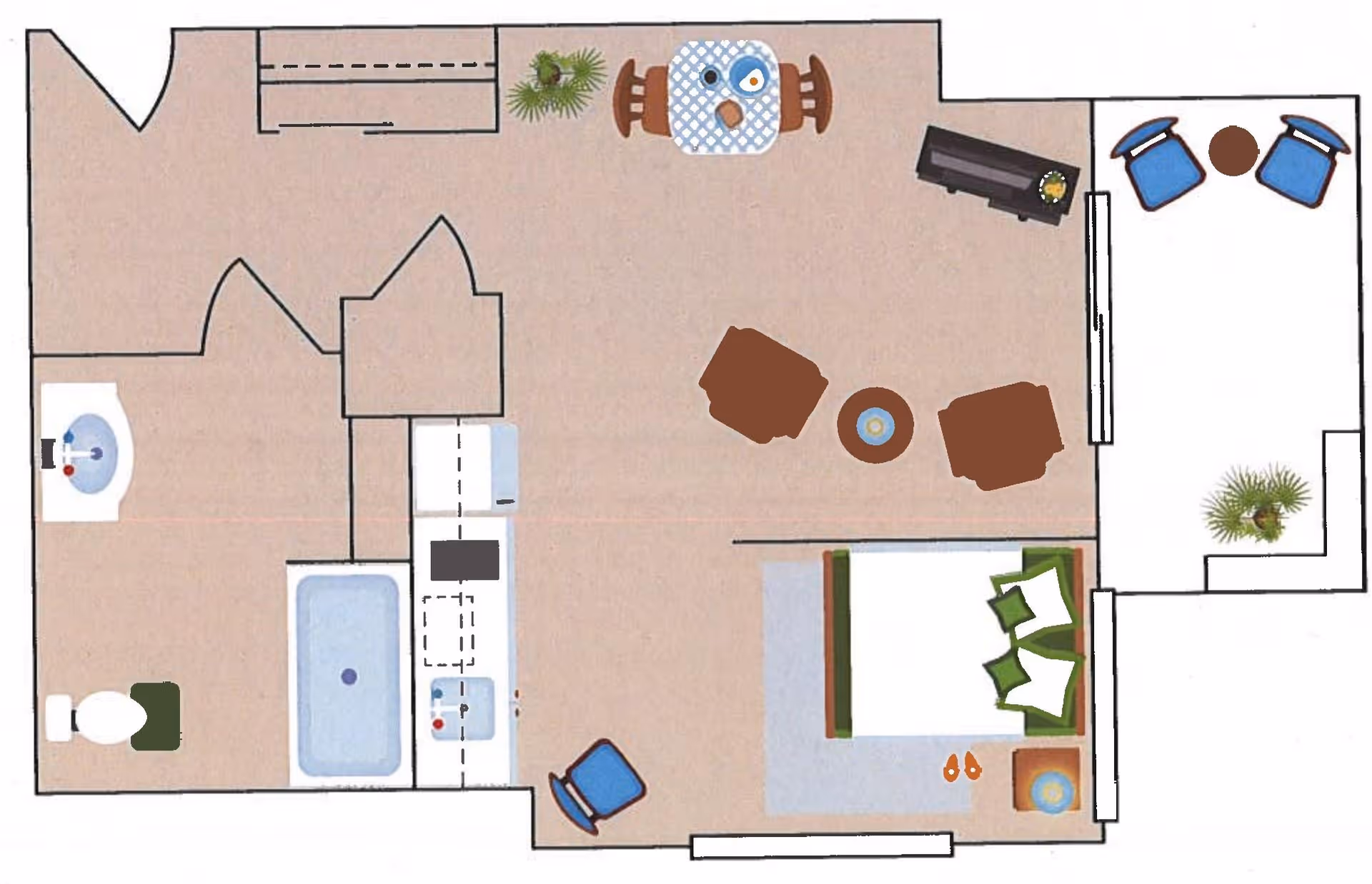 Floor plan of a senior living facility unit showing a bedroom with a bed and nightstand, a living area with chairs and a TV stand, a small dining area with a table and chairs, a kitchen with a sink and stove, a bathroom with a toilet, sink, and bathtub, and a balcony with two chairs and a small table.